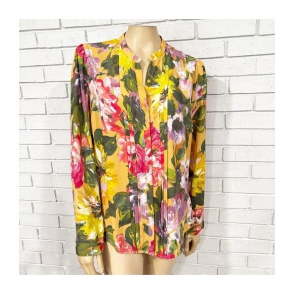 Express Women’s Floral Button-Down Shirt Yellow Blouse Size Large Long Sleeve - Picture 1 of 6
